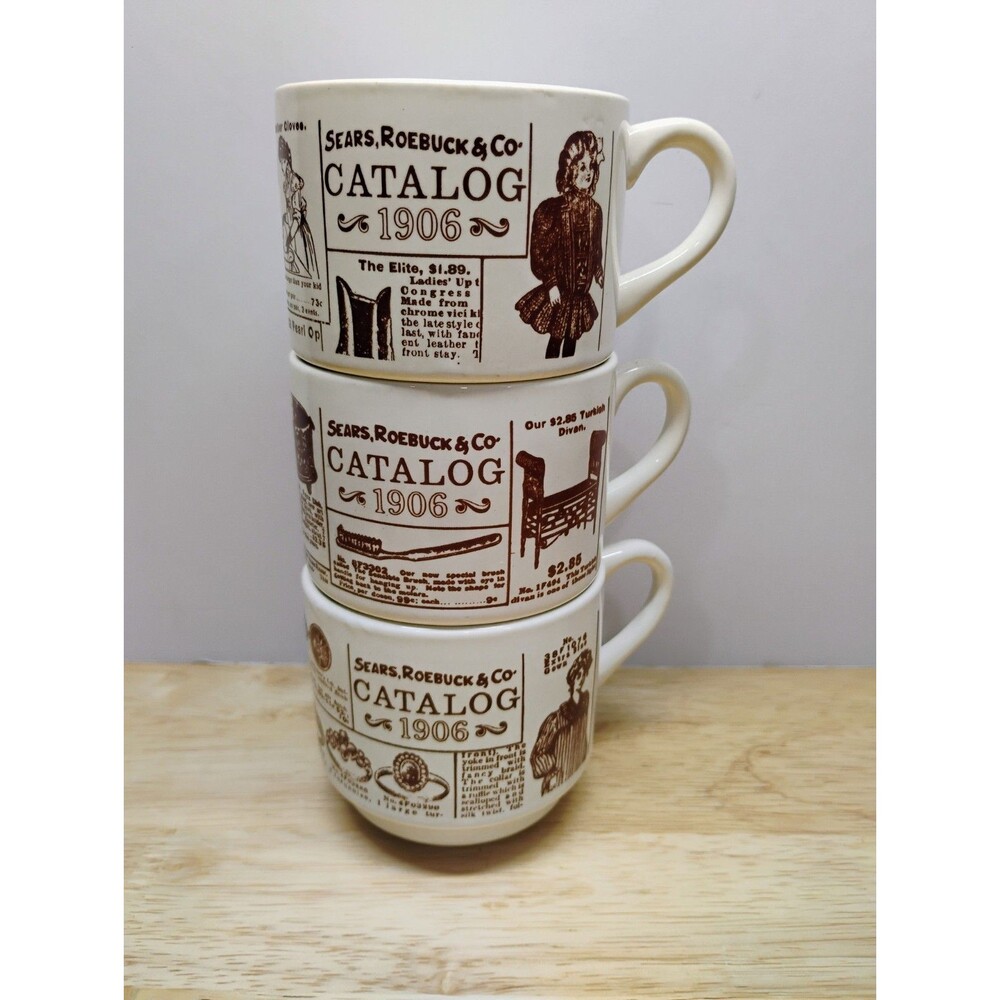 Lot of 3 Sears Roebuck & Co. Ceramic 12oz Coffee Mugs 1906 Catalog Pages USA